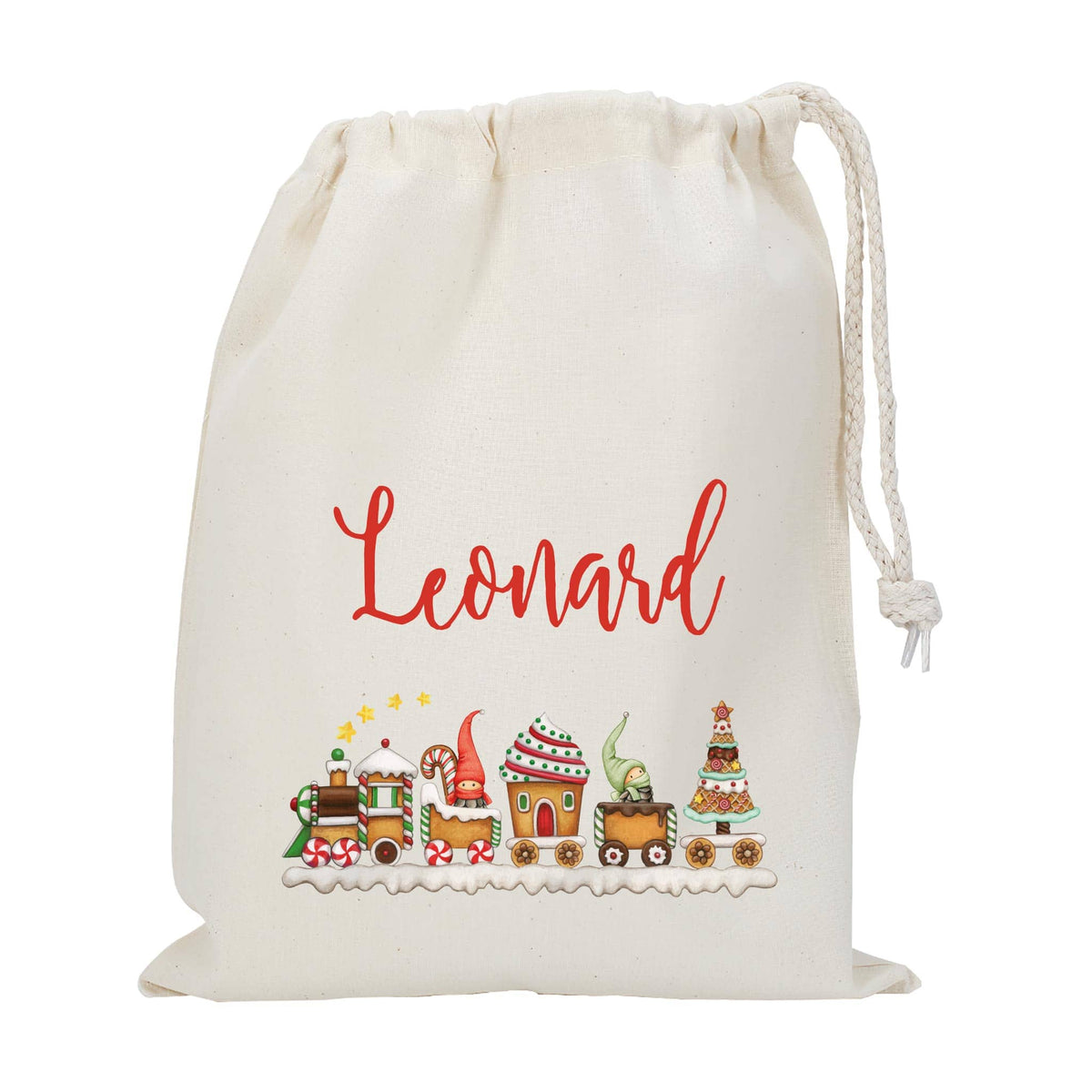 Kinder Geschenkbeutel zu Weihnachten mit Wichtel Weihnachtszug Motiv und Name