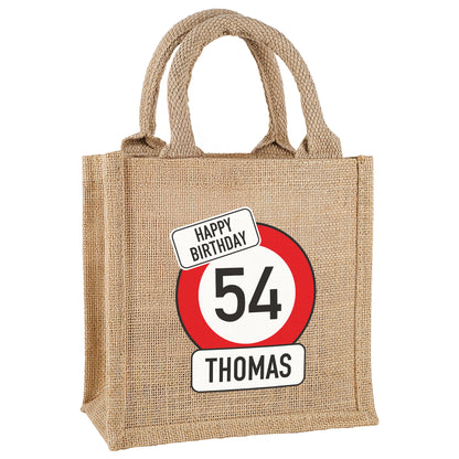 Personalisierte Jute-Geschenktasche mit Verkehrszeichen-Motiv zum Geburtstag