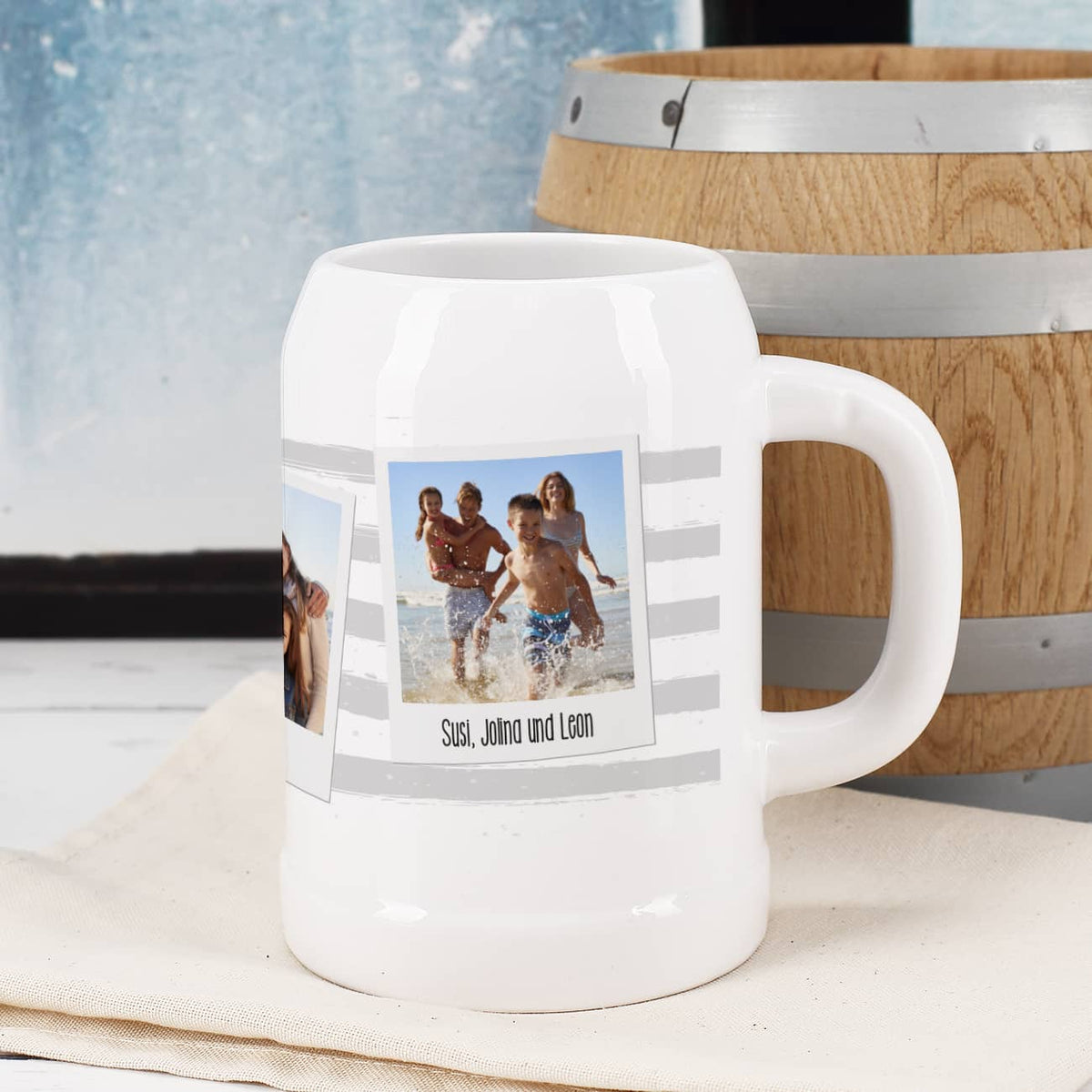 Bierkrug mit Ihren drei Lieblingsfotos und Wunschtexten