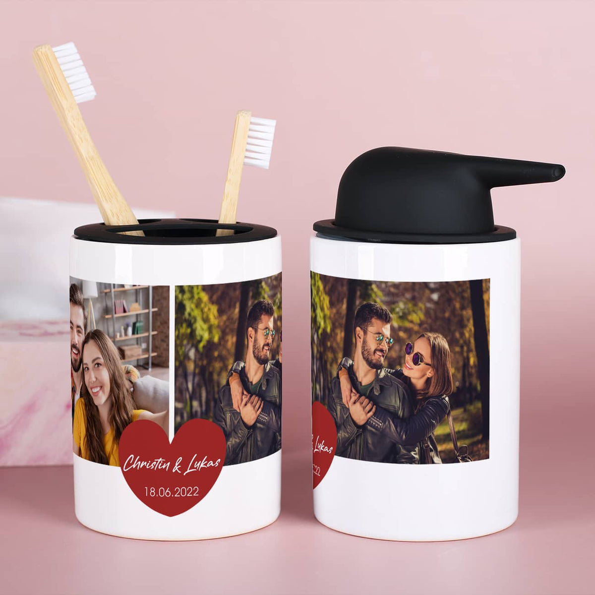 Zahnbürstenhalter und Seifenspender mit Fotoaufdruck