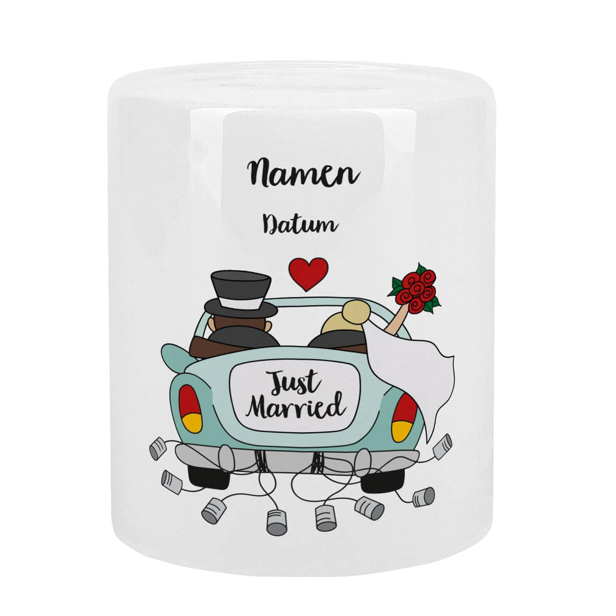 Keramikspardose mit Motiv bestehend aus Hochzeitsauto, Namen und Datum bedruckt