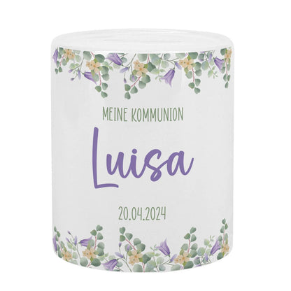 Spardose mit lila Blumenmotiv