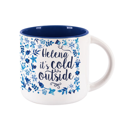Große winterliche Tasse - it's cold outside - mit Name, Schneeflocken und Blüten