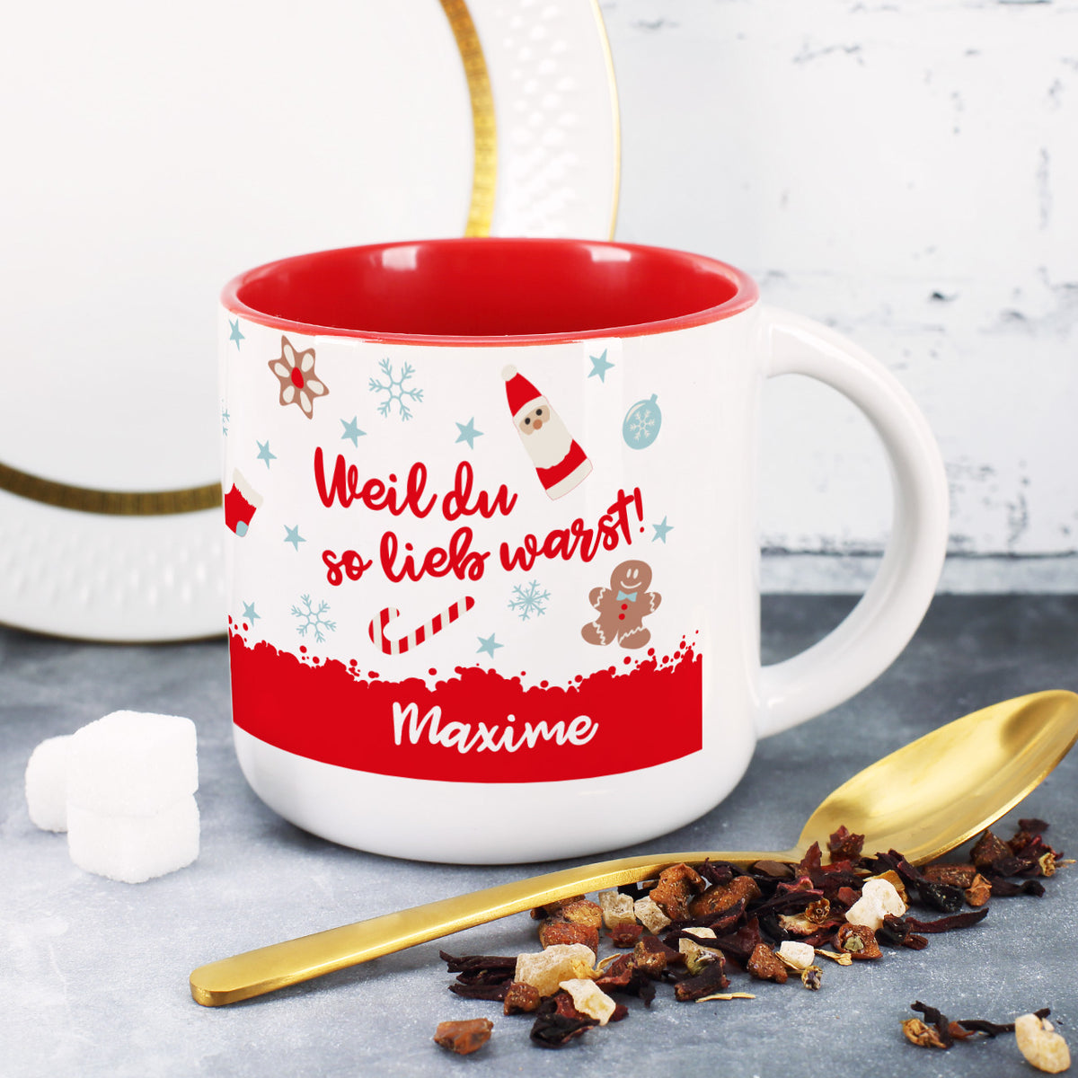 großer Kaffeepott "Weil du so lieb warst" und Namensaufdruck, innen rot