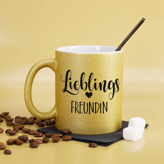 Tasse mit Glitzer und Lieblingsschriftzug