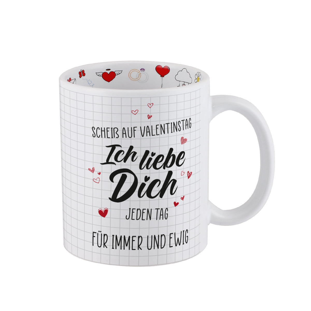 Freisteller: Keramiktasse „Ich liebe dich jeden Tag“ mit Herzdetails und romantischem Innenmuster, Geschenkidee Valentinstag