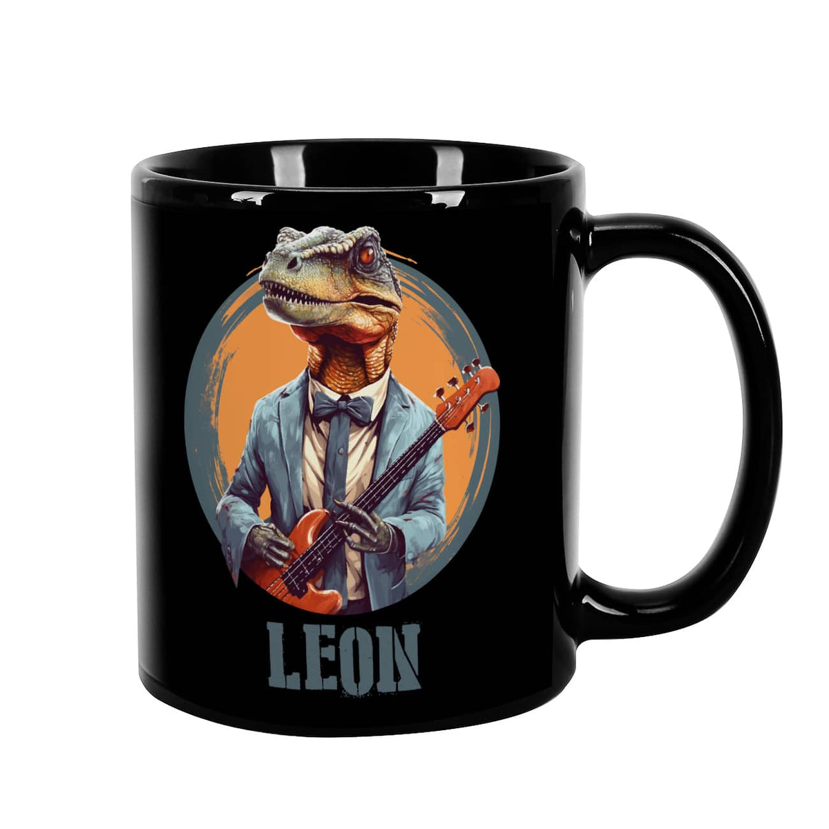 Tolle Tasse für Kids mit Dino an der Bass-Gitarre