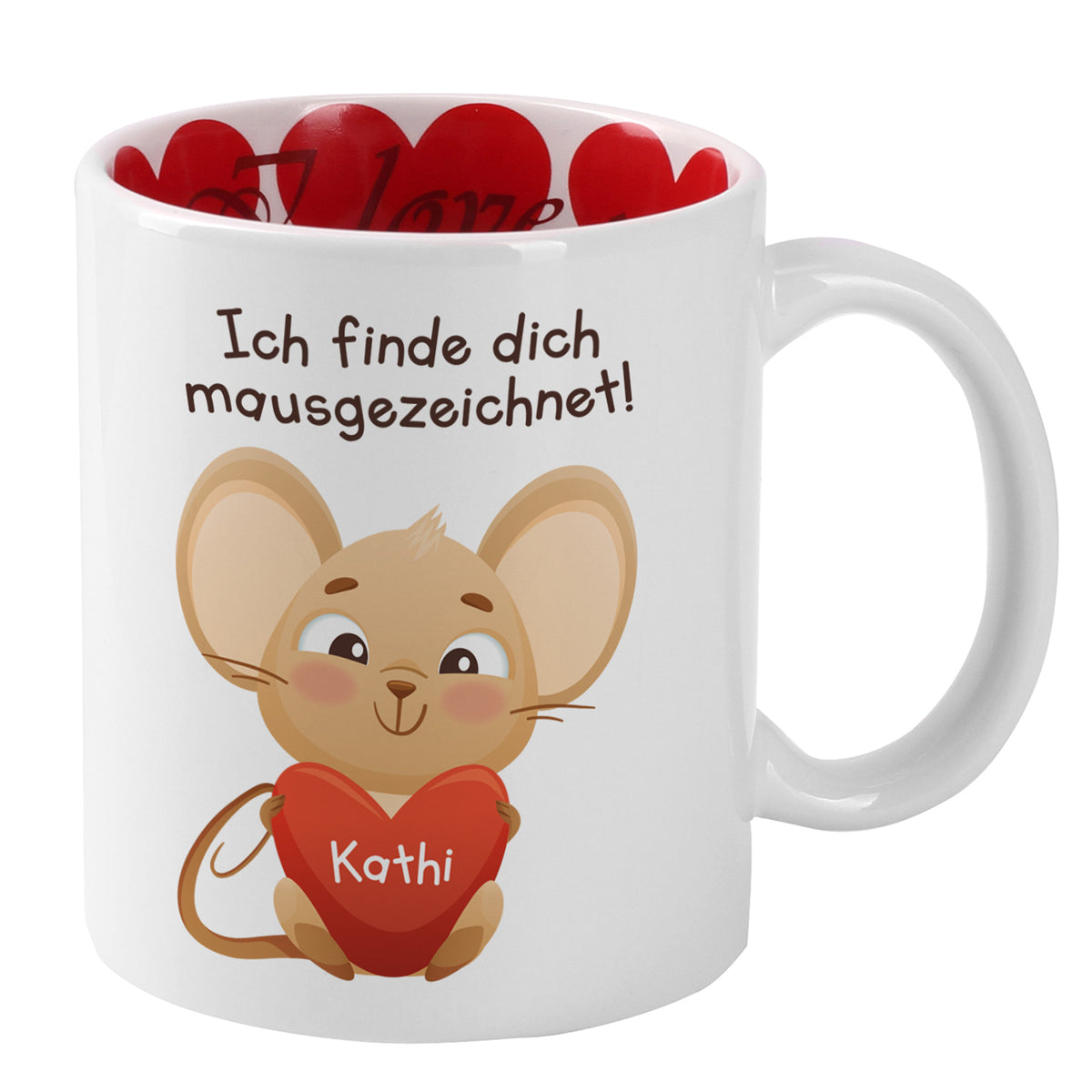 Freigestellte Tasse mit Mausmotiv und personalisiertem Herz mit Name Kathi als romantisches Geschenk für Verliebte