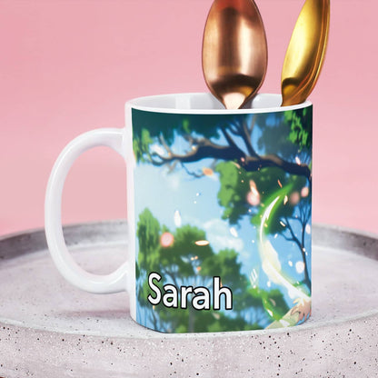 Persönliche Tasse mit umlaufenden und farbenfrohen Aufdruck samt Wunschname