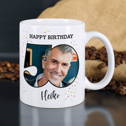 Tasse zum 50. Geburtstag mit Foto und Name