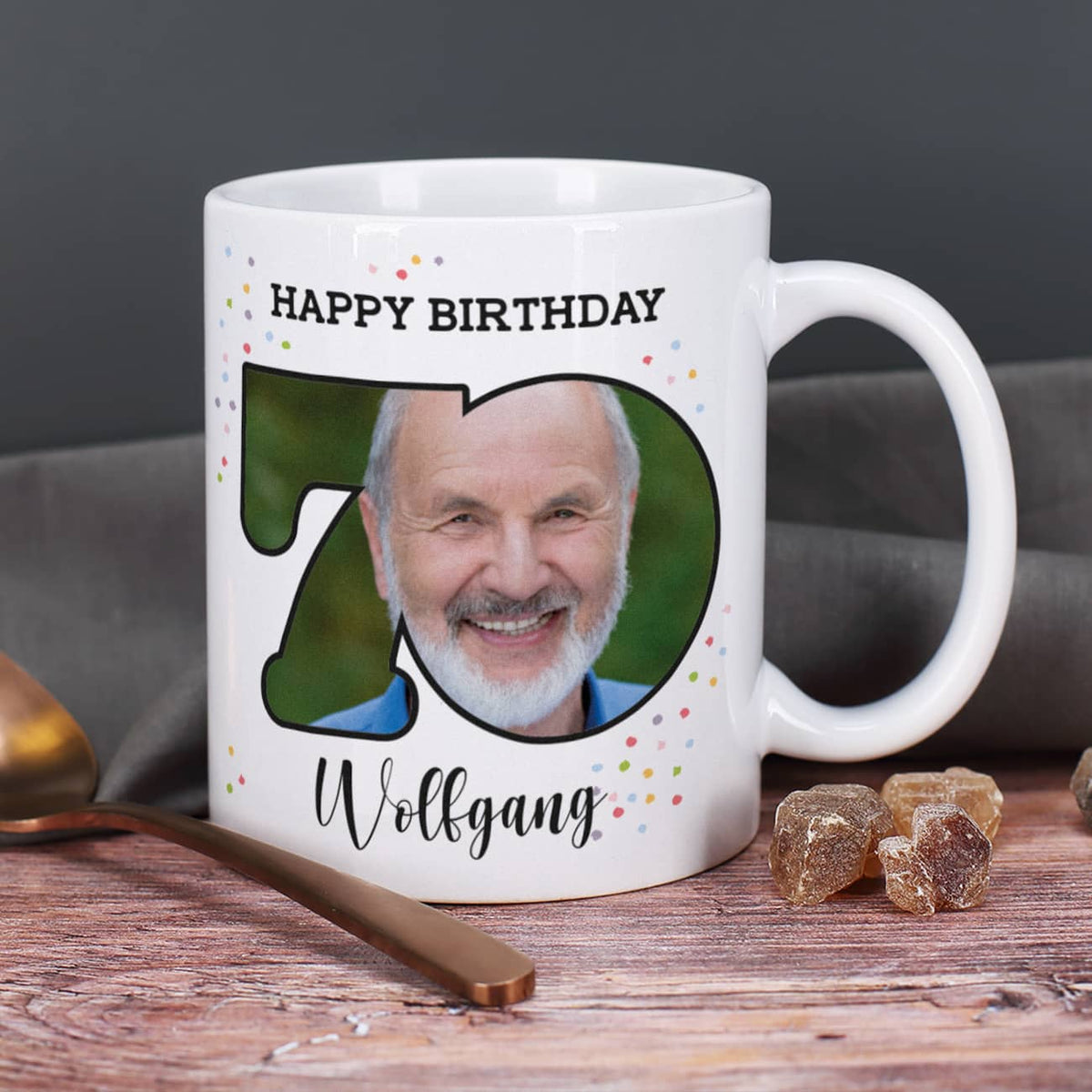 Happy Birthday 70 - Fototasse zum Geburtstag mit Name