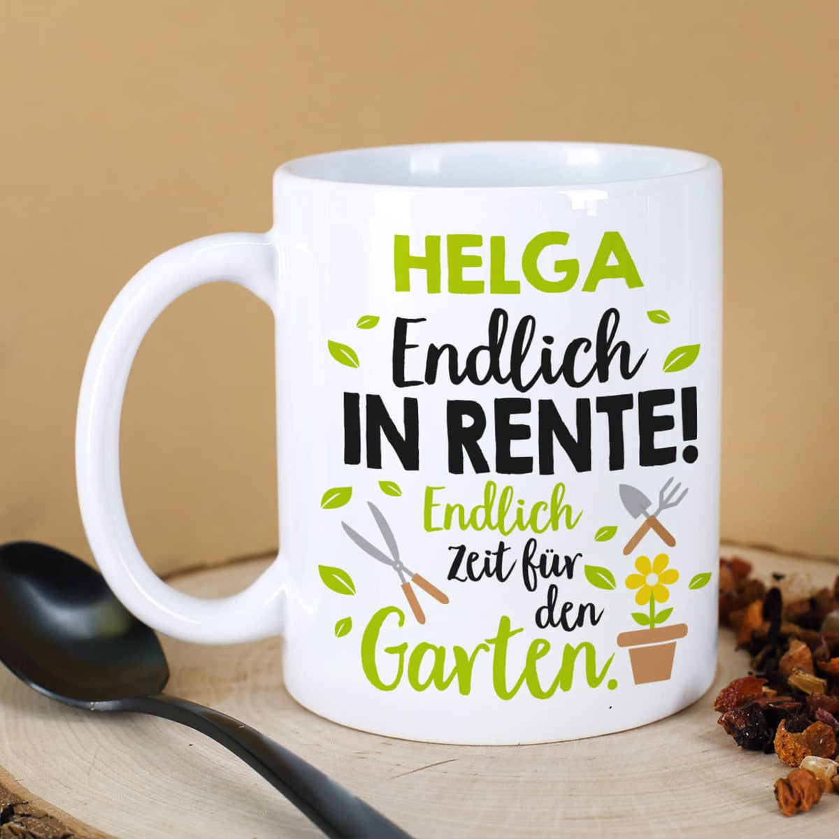 Endlich in Rente! - Tasse für Gärtner mit Name personalisiert