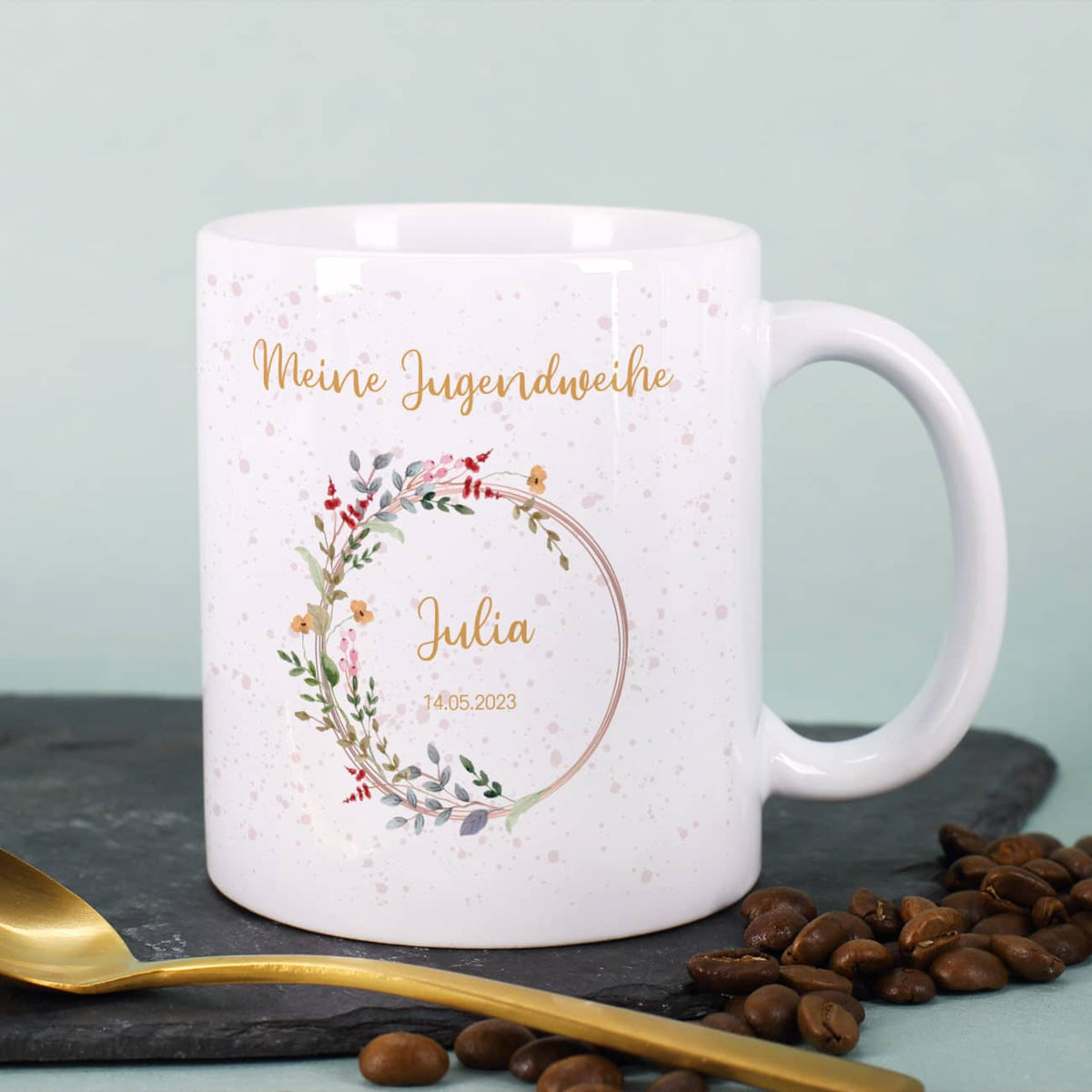 Tasse aus Keramik zur Jugendweihe mit Ihrem Wunschnamen und Datum der Feier
