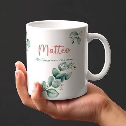 Tasse mit Eukalyptuszweig zur Kommunion, Konfirmation und mehr