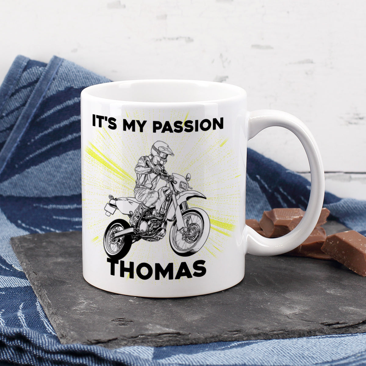 Personalisiertes Supermoto Geschenk – Keramiktasse mit Motorradmotiv, Wunschname und eigenem Text bedruckt