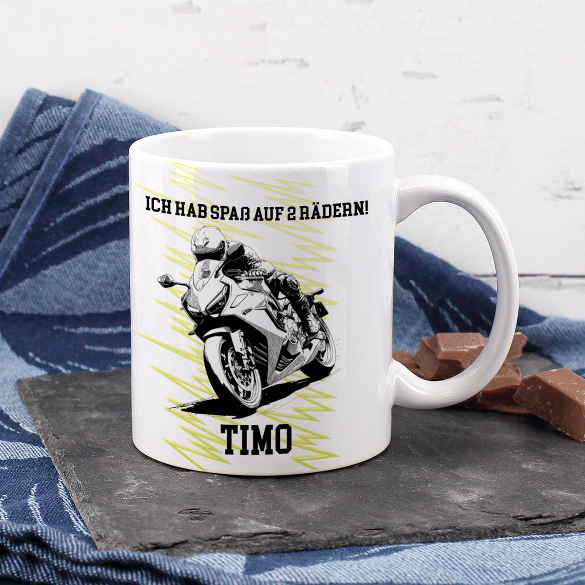 Personalisierte Biker-Tasse mit Racing-Bike-Design und Wunschtext