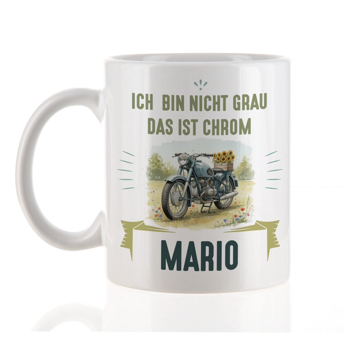 Retro-Oldtimer-Motorrad-Tasse mit Name Mario und Spruch "Ich bin nicht grau, das ist Chrom"