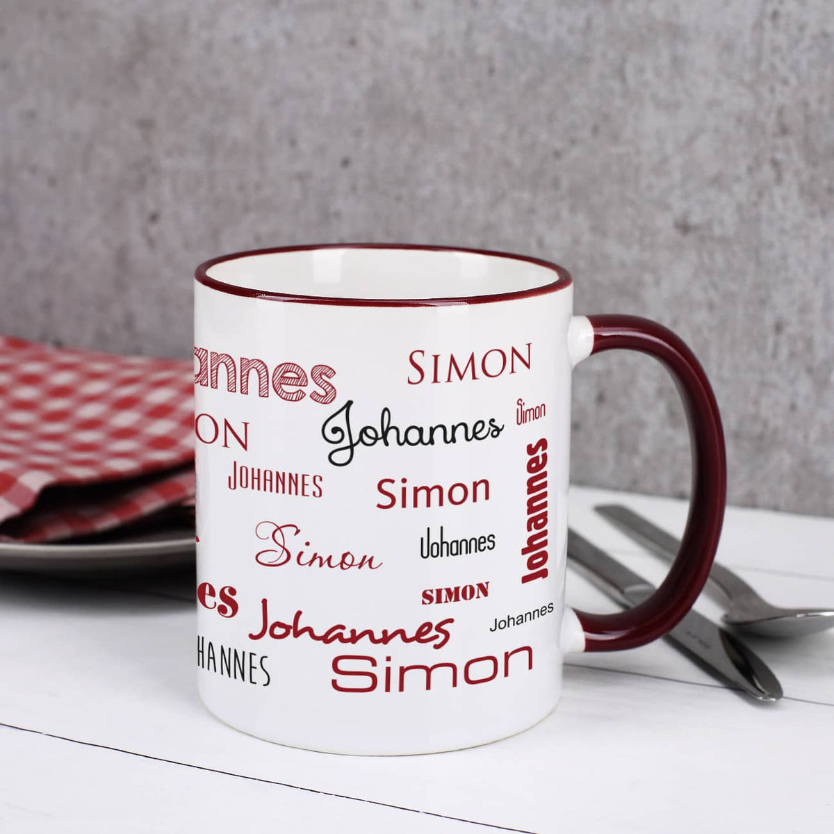 Tasse mit zwei Namen - Weinrot