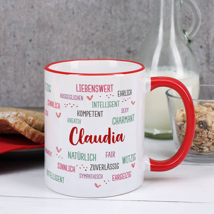  Tasse mit positiven Eigenschaften und Name bedruckt