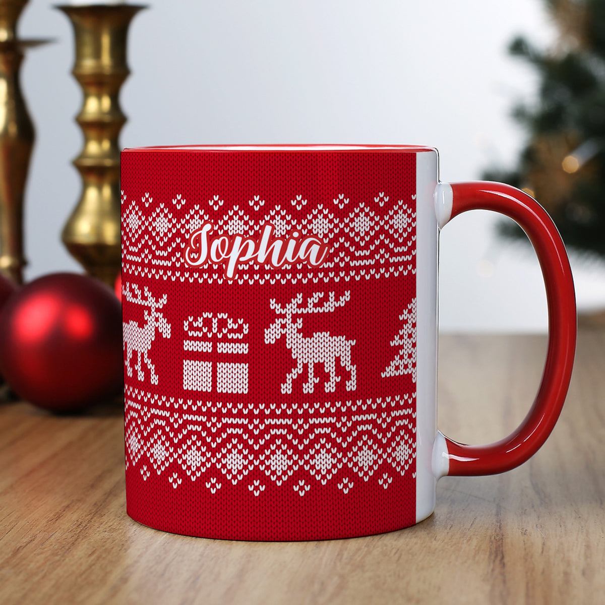 Personalisierte Tasse Weihnachten mit Namen „Sophia“ im roten Strickdesign