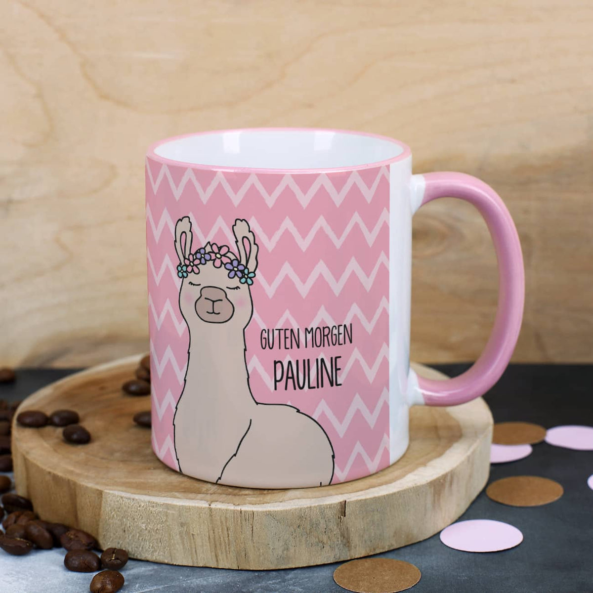 Tasse mit Lama, Ihrem Wunschtext und Namen