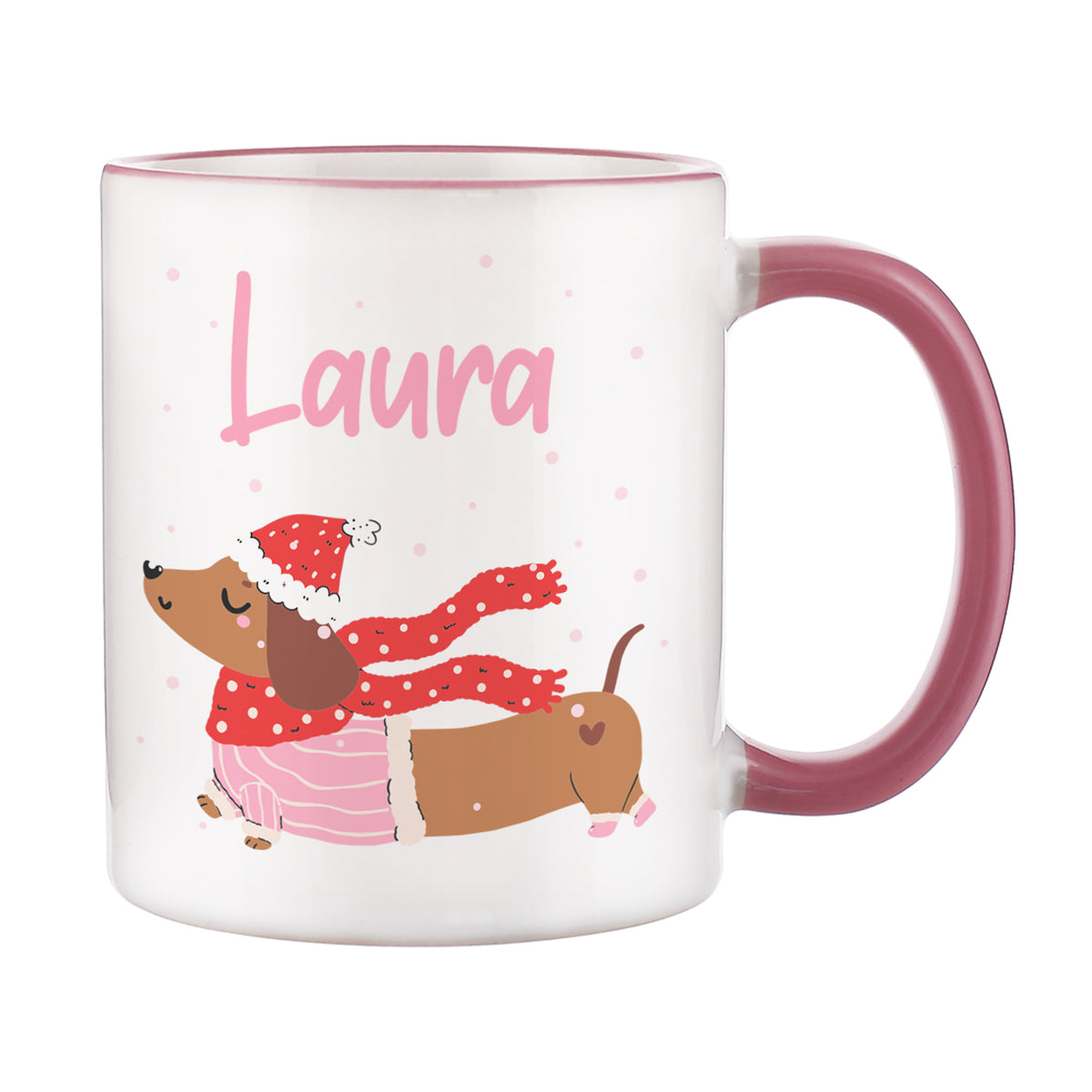 Produktansicht der personalisierten Dackel-Tasse mit rosa Henkel und Name auf weißem Hintergrund