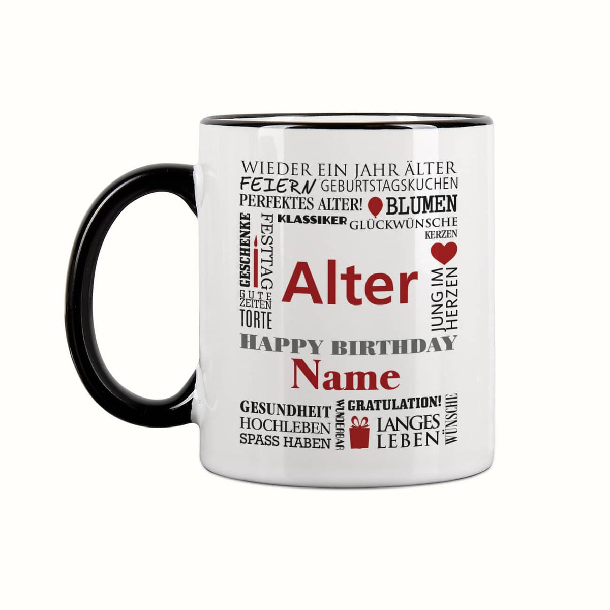 Geburtstagstasse mit guten Wünschen, Name, Alter und Glückwunschtext