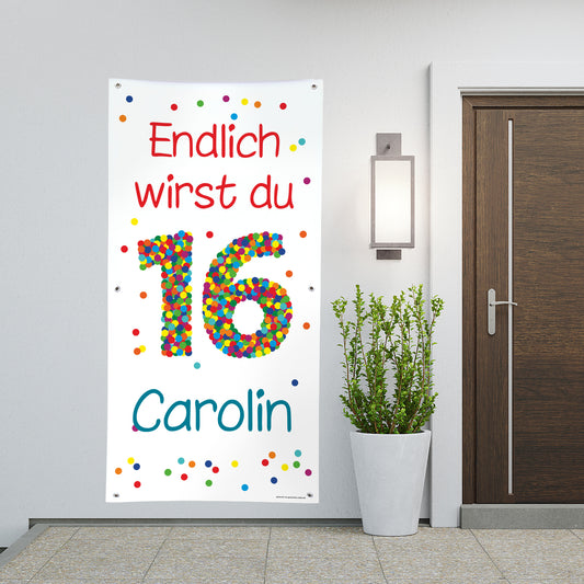 Geburtstagsbanner XL zum 16. Geburtstag mit Konfettizahl, Name und Text