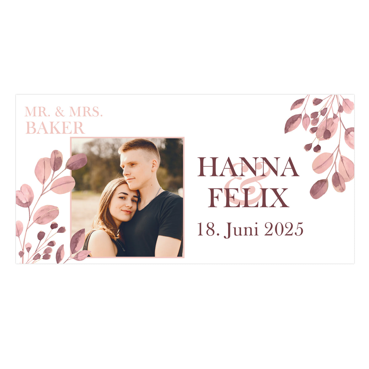 Foto-Banner zur Hochzeit mit Namen, Datum und Blatt-Motiv 160x80cm