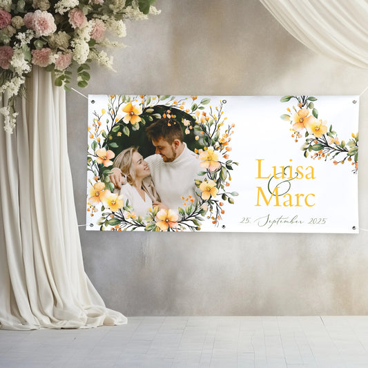 Foto-Banner zur Hochzeit mit Namen, Datum und Blumen-Motiv 160x80cm