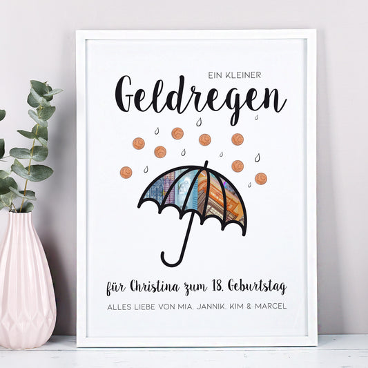 Poster im Detail – Aufschrift „Geldregen“ mit personalisierten Textzeilen darunter