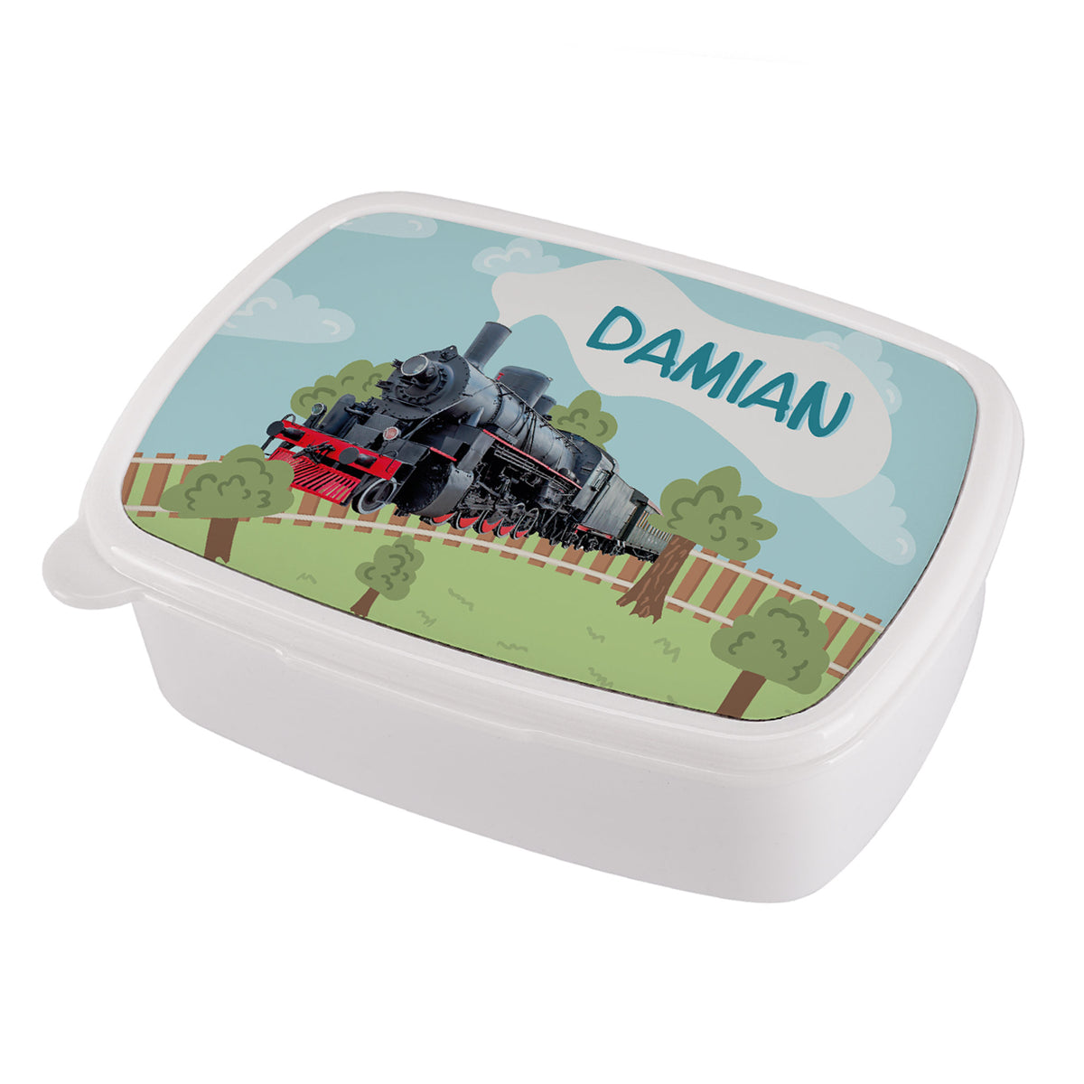 Brotdose mit dampfender Lokomotive auf grün-blauem Hintergrund und dem Namen „Damian“ – freigestellt auf weißem Hintergrund.