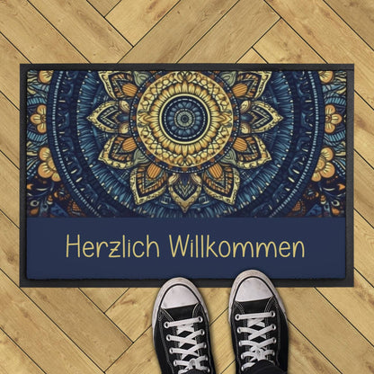 Blaue Fußmatte im Boho-Stil mit Name oder Wunschtext 