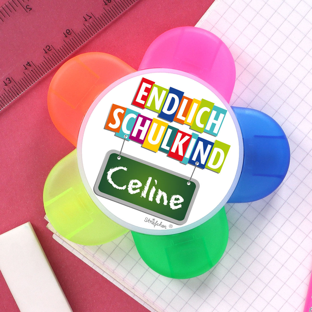 Textmarker mit Aufkleber - Endlich Schulkind