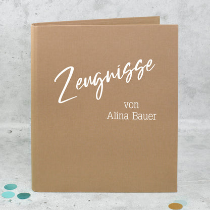 Braune Dokumentenmappe aus Leinen mit Name und zwei Wunschtextzeilen personalisiert