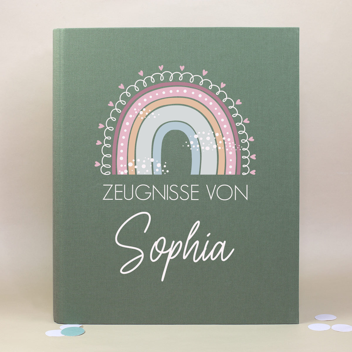 Variante: Zeugnismappe aus Leinen in Grün mit Regenbogenmotiv und Name Sophia bedruckt