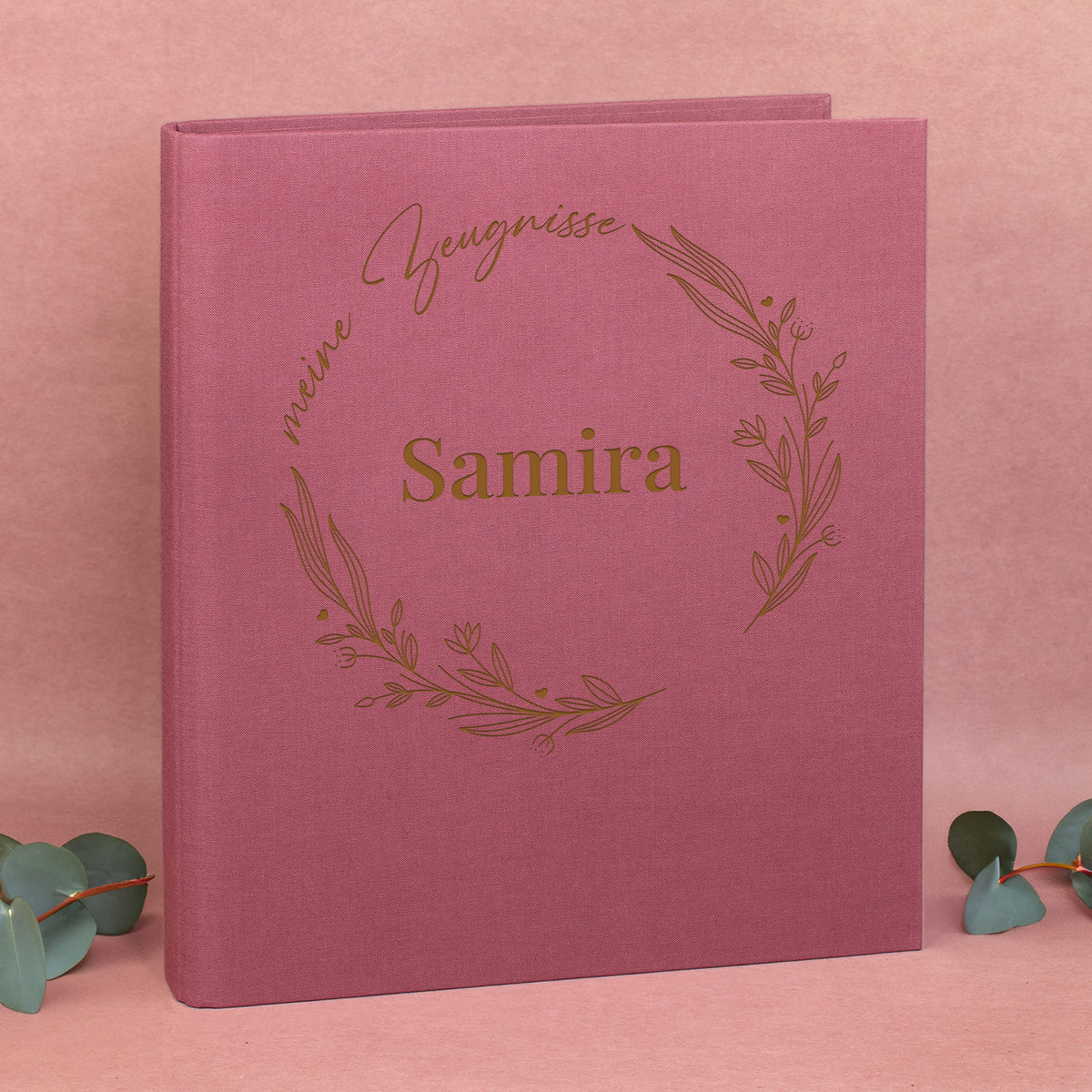 Zeugnismappe rosa/pink mit floralen Elementen „meine Zeugnisse“ und Name Samira