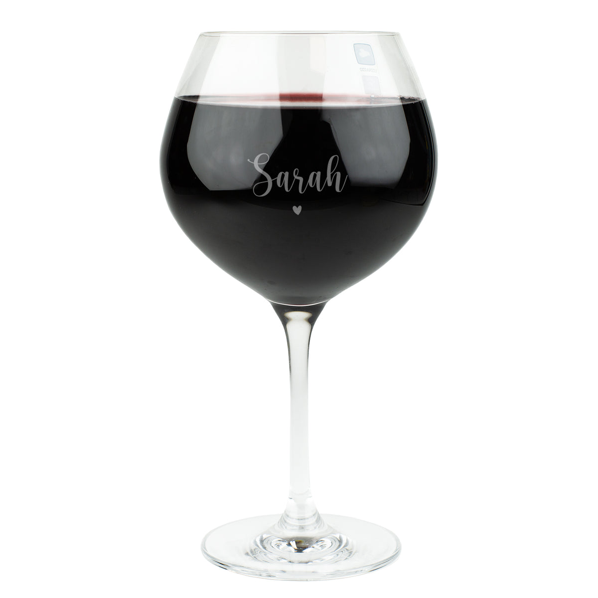 Freigestelltes Burgunderglas von Leonardo mit Gravur „Sarah“ und Herzmotiv – klassisches Weinglas mit runder Form und personalisierter Gravur, ideal als Geschenk für Weinliebhaber.