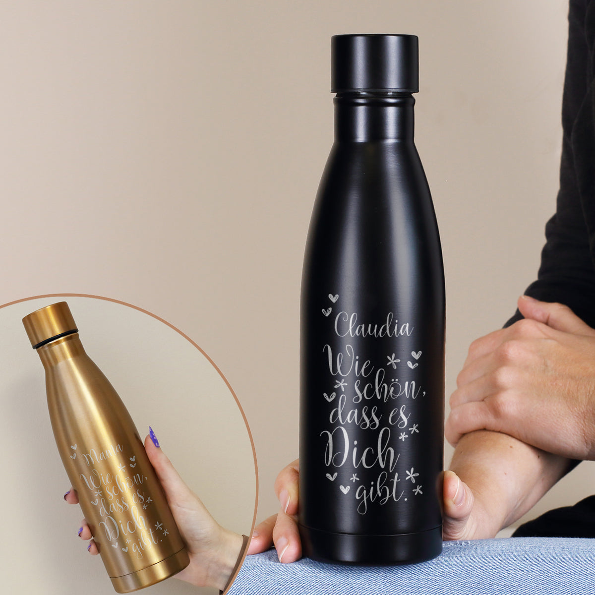 Wie schön, dass es Dich gibt. - Thermosflasche in zwei Farben mit Namensgravur