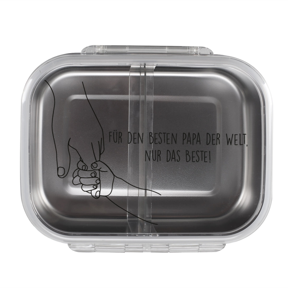 Brotdose von oben mit Motiv „Für den besten Papa der Welt“ und gezeichneten Händen
