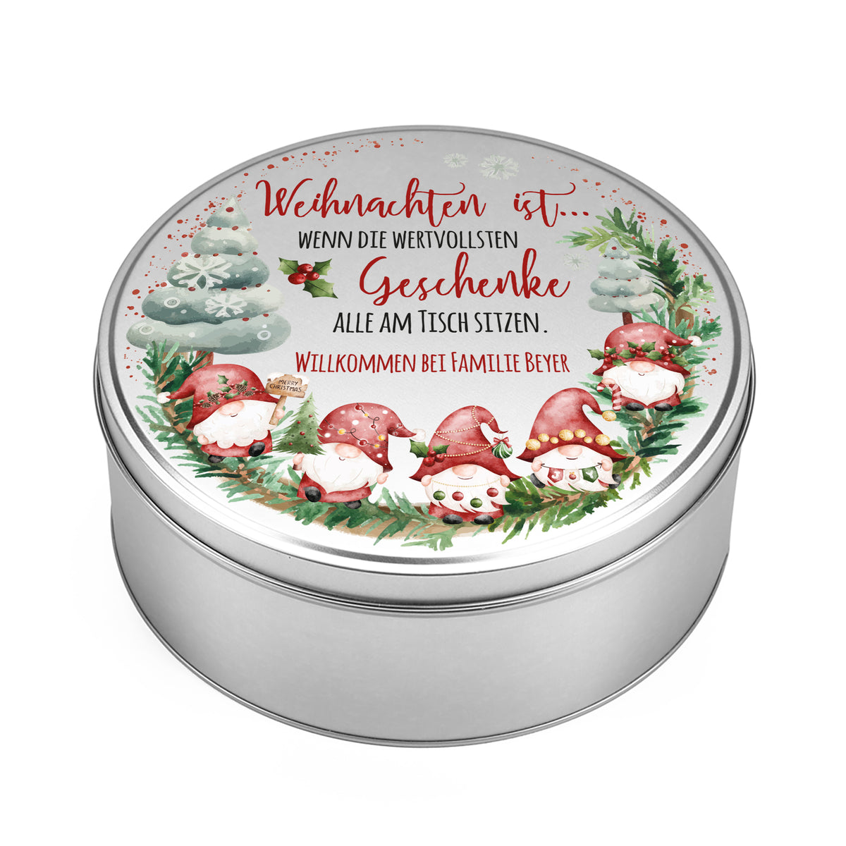 Personalisierte Plätzchendose mit Wichtelmotiv und weihnachtlichem Spruch – freigestellt auf Weiß