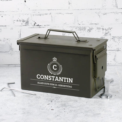 Munitionskiste mit Monogramm, Name und Wunschtext