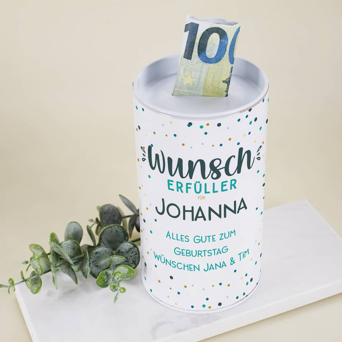 Spardose aus Blech mit Name & Text personalisiert