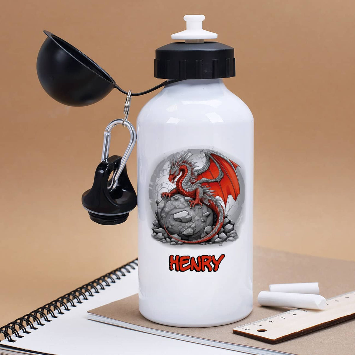 Trinkflasche mit Drachen-Motiv und Wunschname