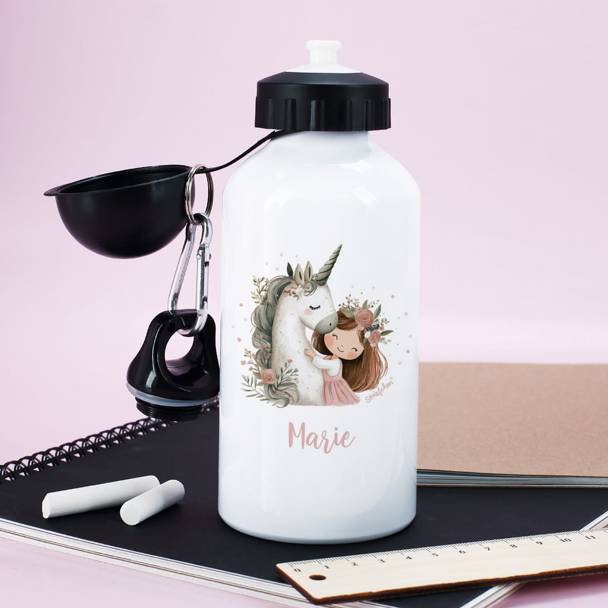 Personalisierte Aluminium-Trinkflasche im niedlichen Einhorn-Design mit Name bedruckt