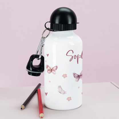 Personalisierte Trinkflasche für Mädchen mit Schmetterlings-Motiv | Für Schule & Kindergarten