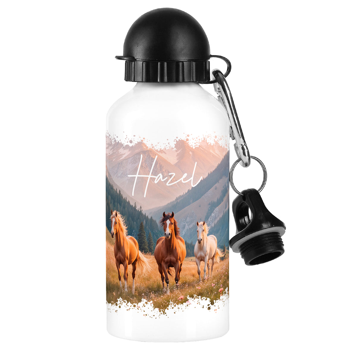 Produktabbildung: Trinkflasche mit Pferden und Name „Hazel“ auf weißem Hintergrund