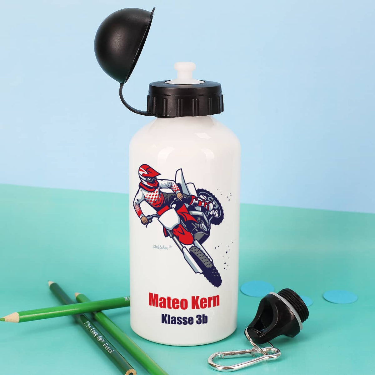 Trinkflasche aus Metall mit Motorradmotiv und Personalisierung