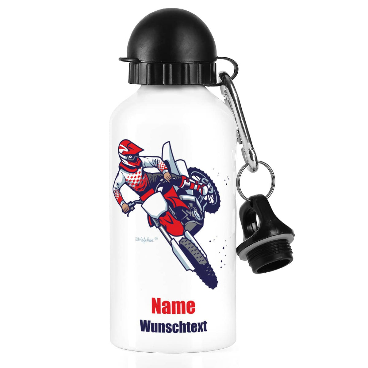 weiße Metall-Trinkflasche mit Name, Wunschtext und Motorrad-Motiv
