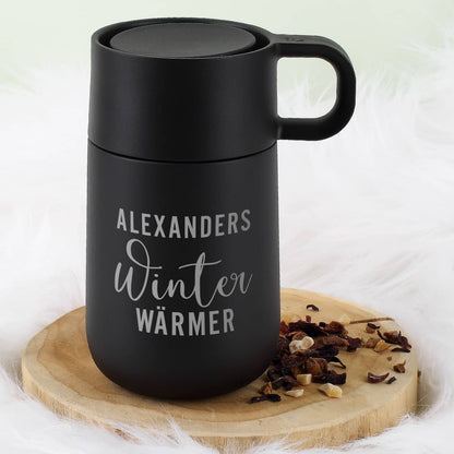 WMF Thermobecher in matt schwarz mit Namensgravur und Winter Wärmer Motiv